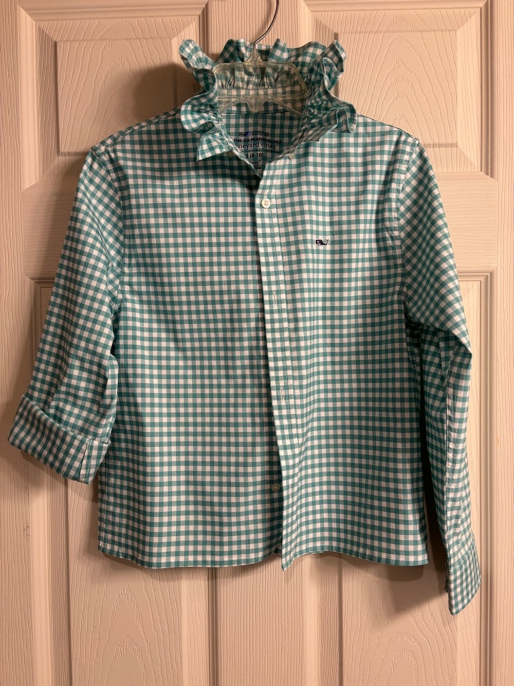 GIRLS Vineyard Vines Green/White Gingham Ruffle Collar Shirt